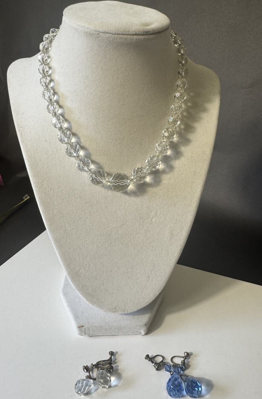 Vintage 1930s Art Deco Faceted Crystal Choker Necklace & Drop Earrings